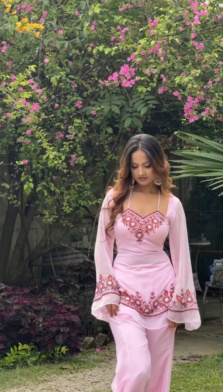 Demanding Pink Color Sequence Embroidered 3 Pieces Palazzo Suit