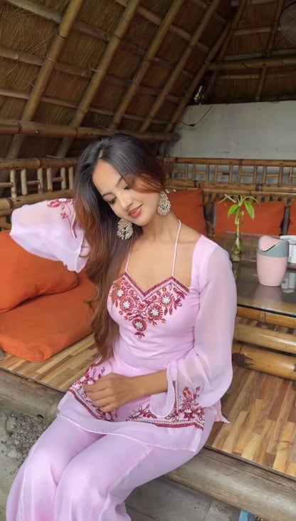 Demanding Pink Color Sequence Embroidered 3 Pieces Palazzo Suit