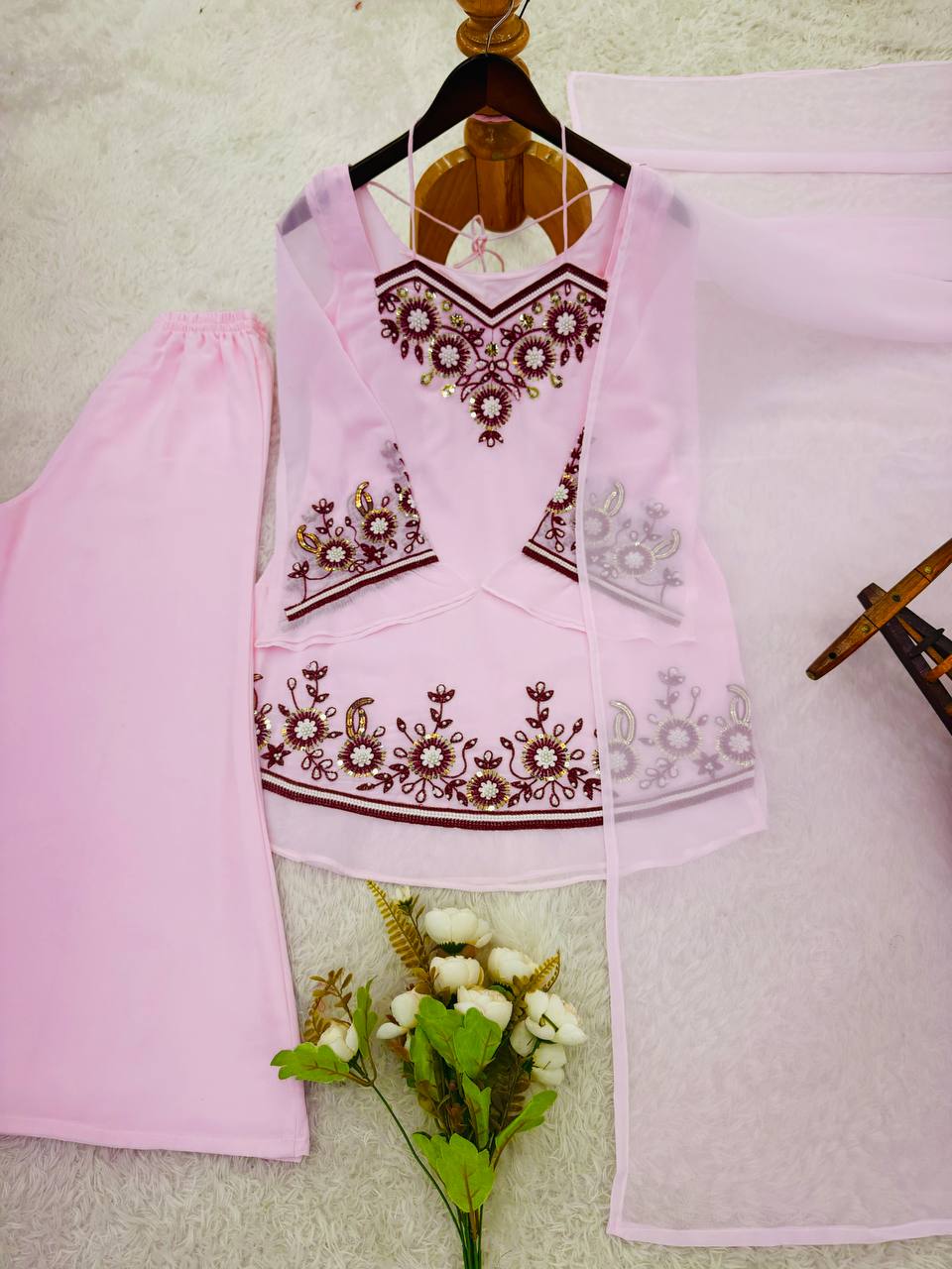 Demanding Pink Color Sequence Embroidered 3 Pieces Palazzo Suit