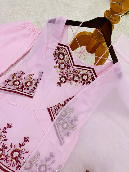 Demanding Pink Color Sequence Embroidered 3 Pieces Palazzo Suit