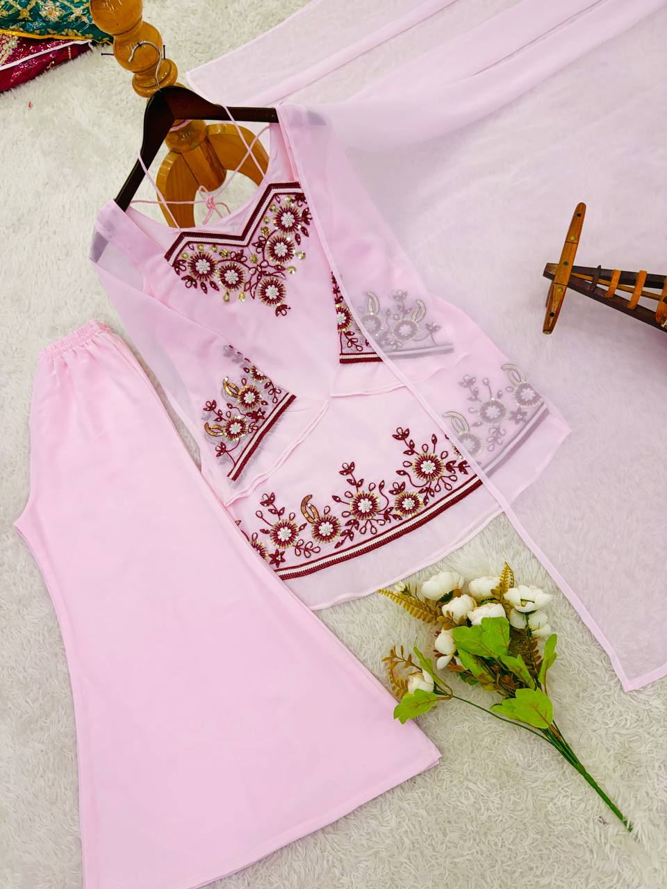 Demanding Pink Color Sequence Embroidered 3 Pieces Palazzo Suit