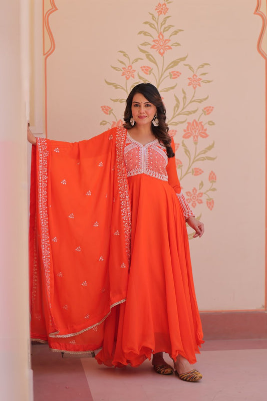 Beautiful Orange Color Sequence Embroidered Desinger Gown With Dupatta