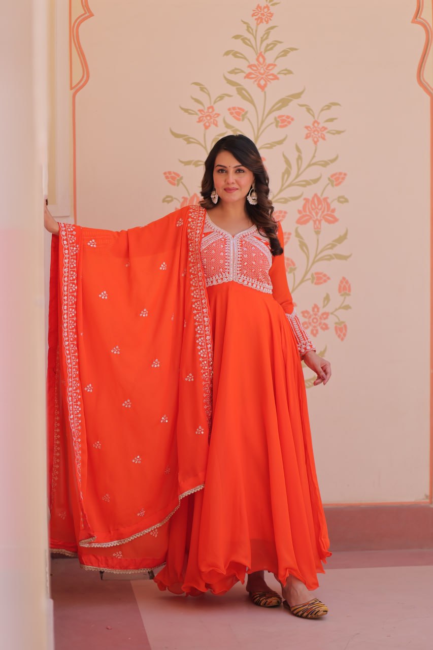 Beautiful Orange Color Sequence Embroidered Desinger Gown With Dupatta