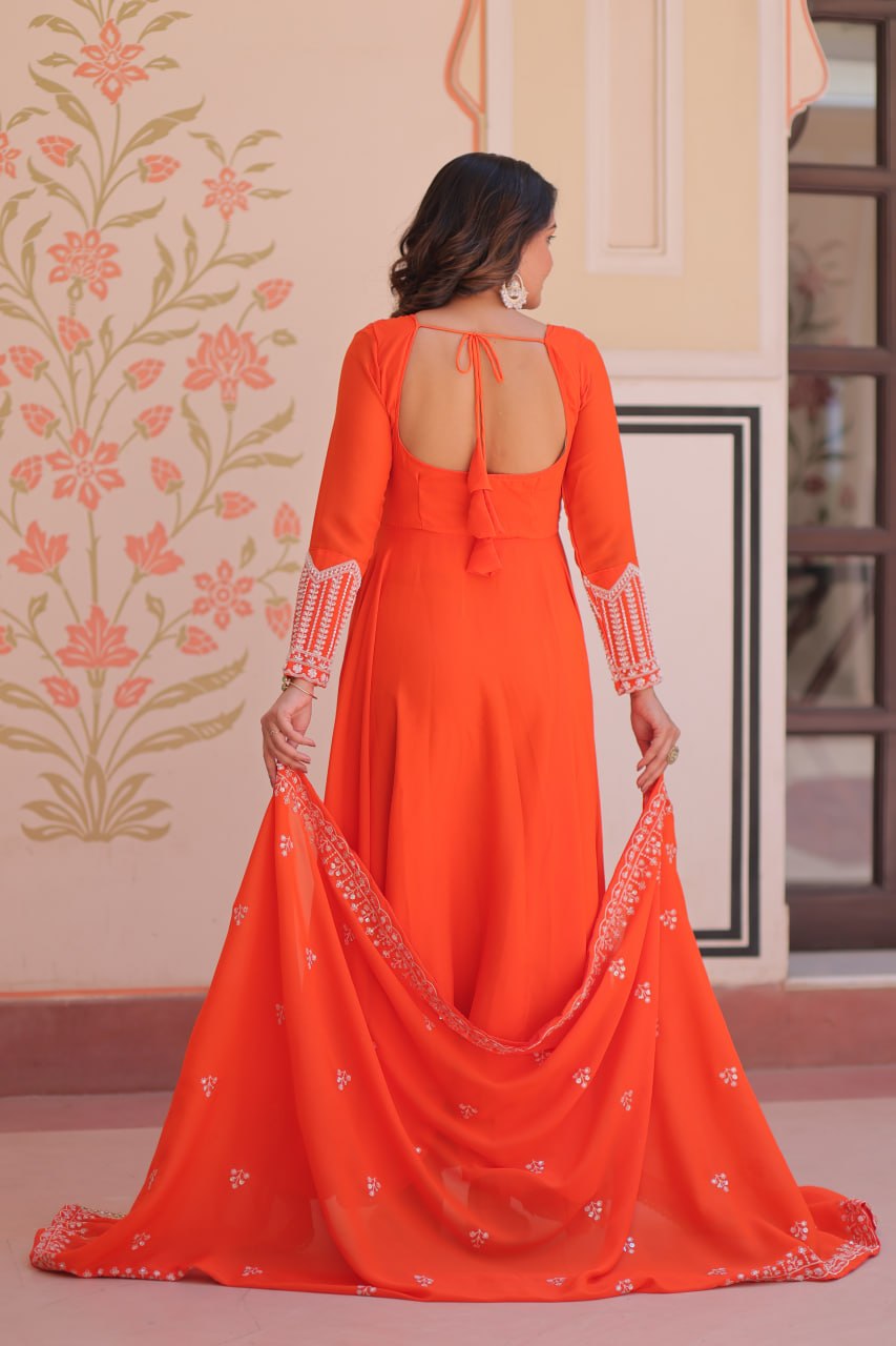 Beautiful Orange Color Sequence Embroidered Desinger Gown With Dupatta