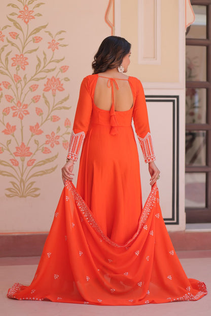 Beautiful Orange Color Sequence Embroidered Desinger Gown With Dupatta