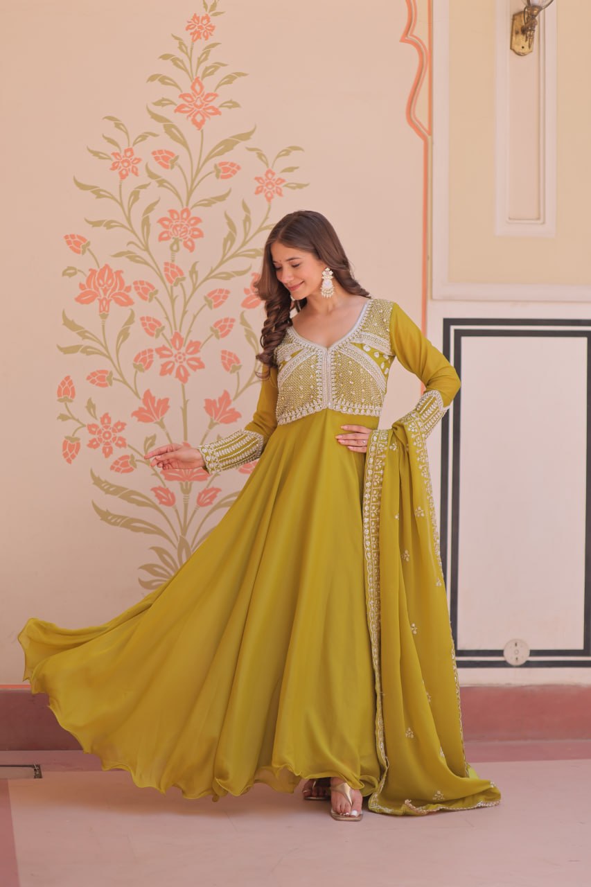 Fashionable Green Color Sequin Embroidered Desinger Gown With Dupatta