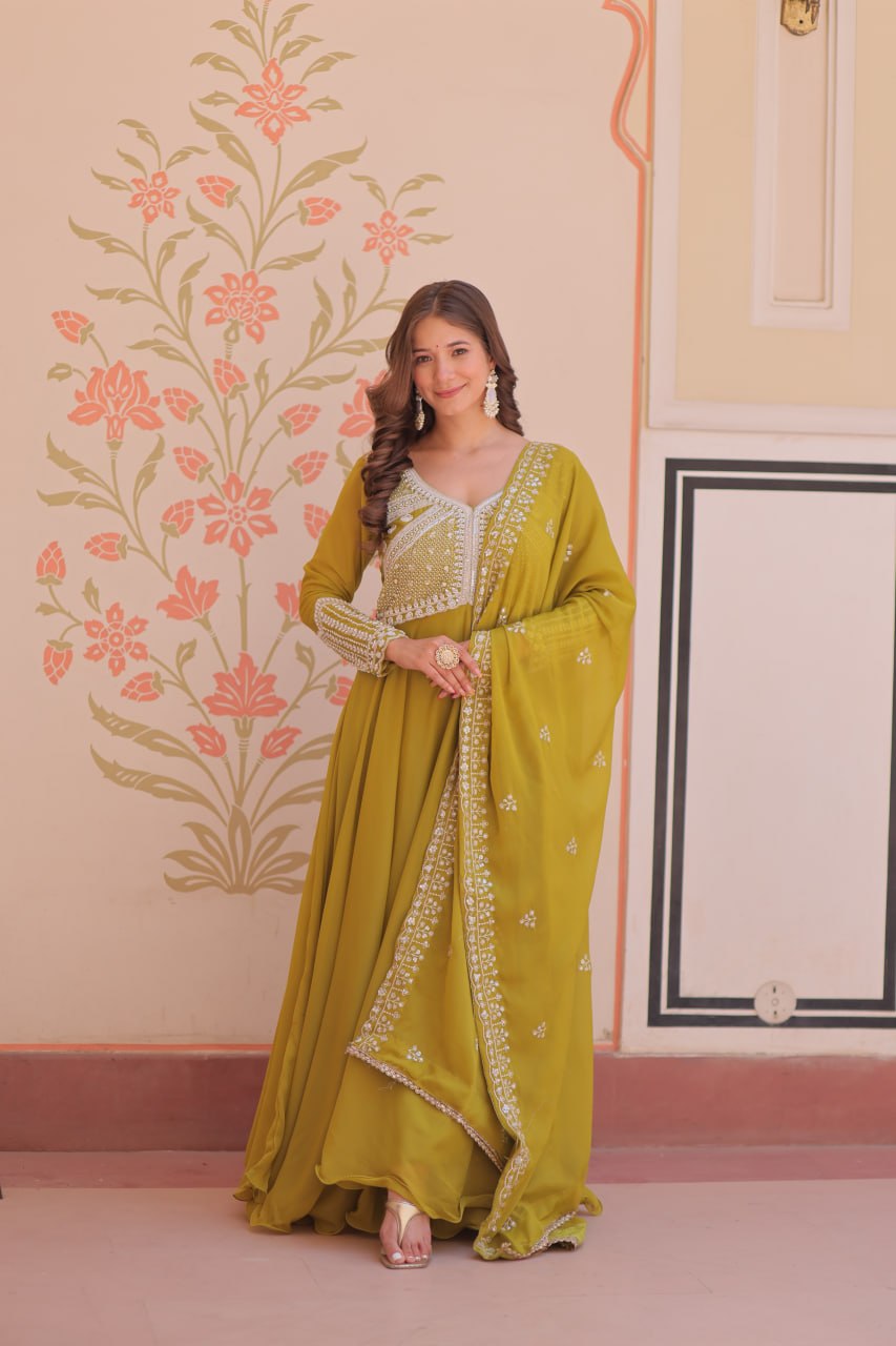 Fashionable Green Color Sequin Embroidered Desinger Gown With Dupatta
