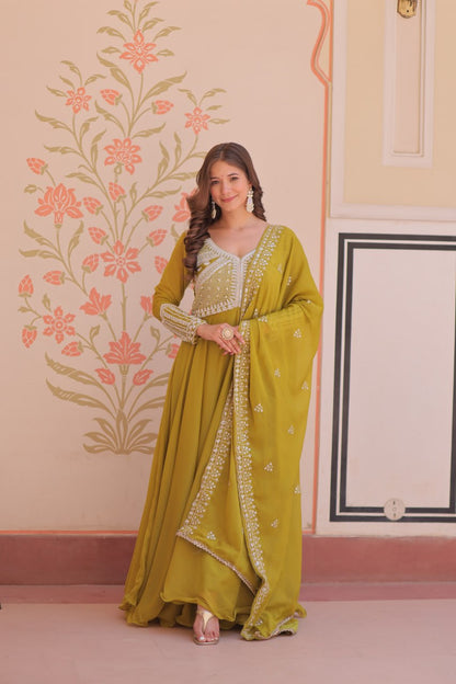 Fashionable Green Color Sequin Embroidered Desinger Gown With Dupatta