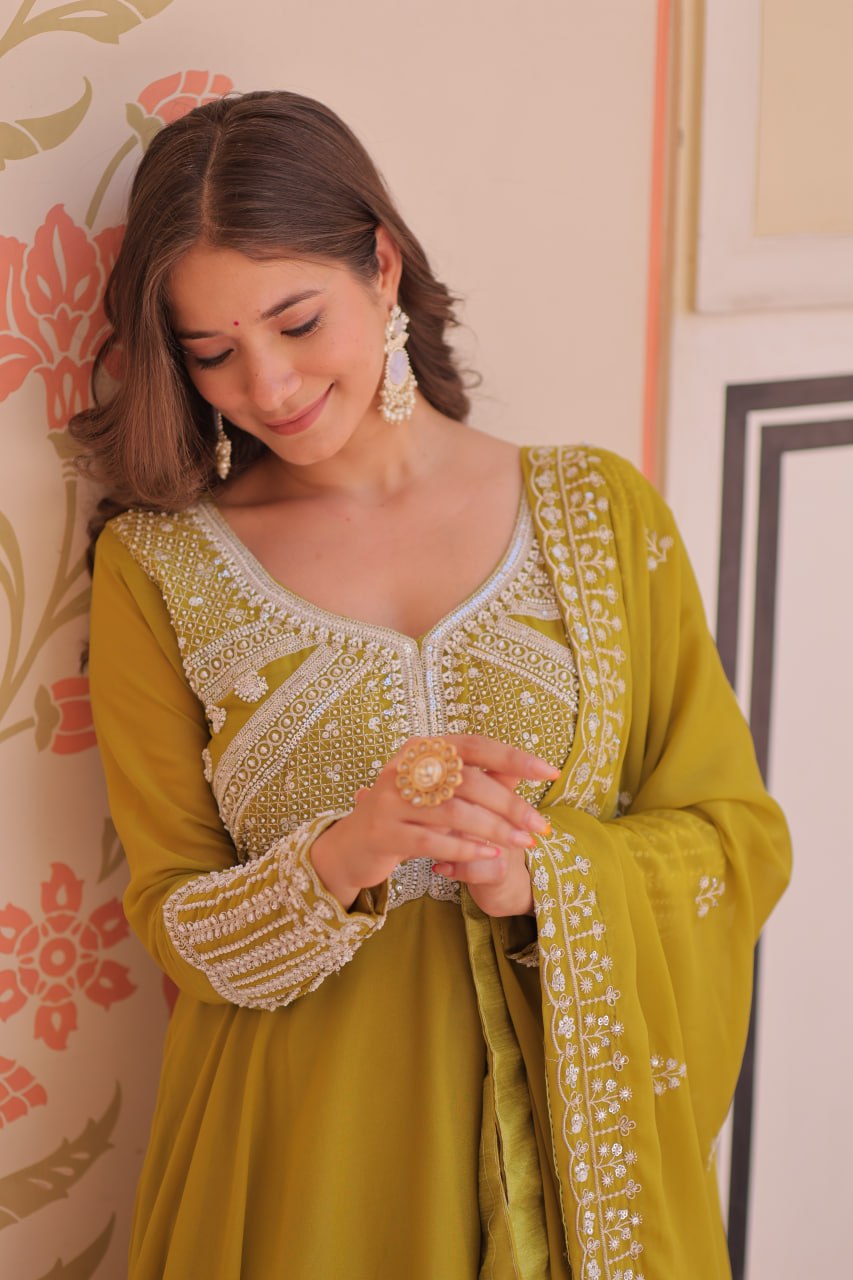 Fashionable Green Color Sequin Embroidered Desinger Gown With Dupatta