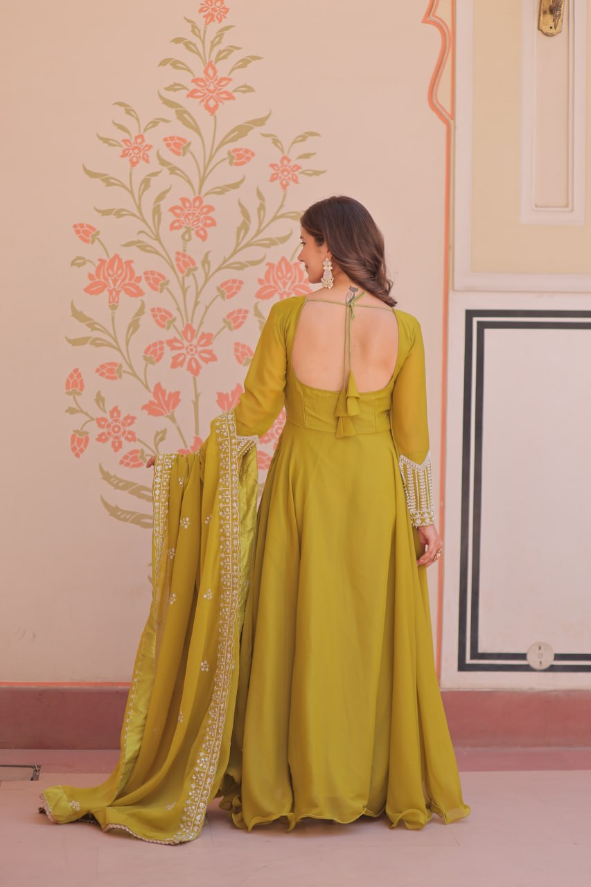 Fashionable Green Color Sequin Embroidered Desinger Gown With Dupatta