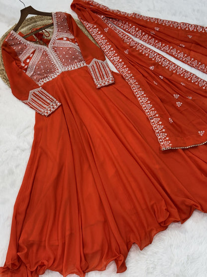 Beautiful Orange Color Sequence Embroidered Desinger Gown With Dupatta