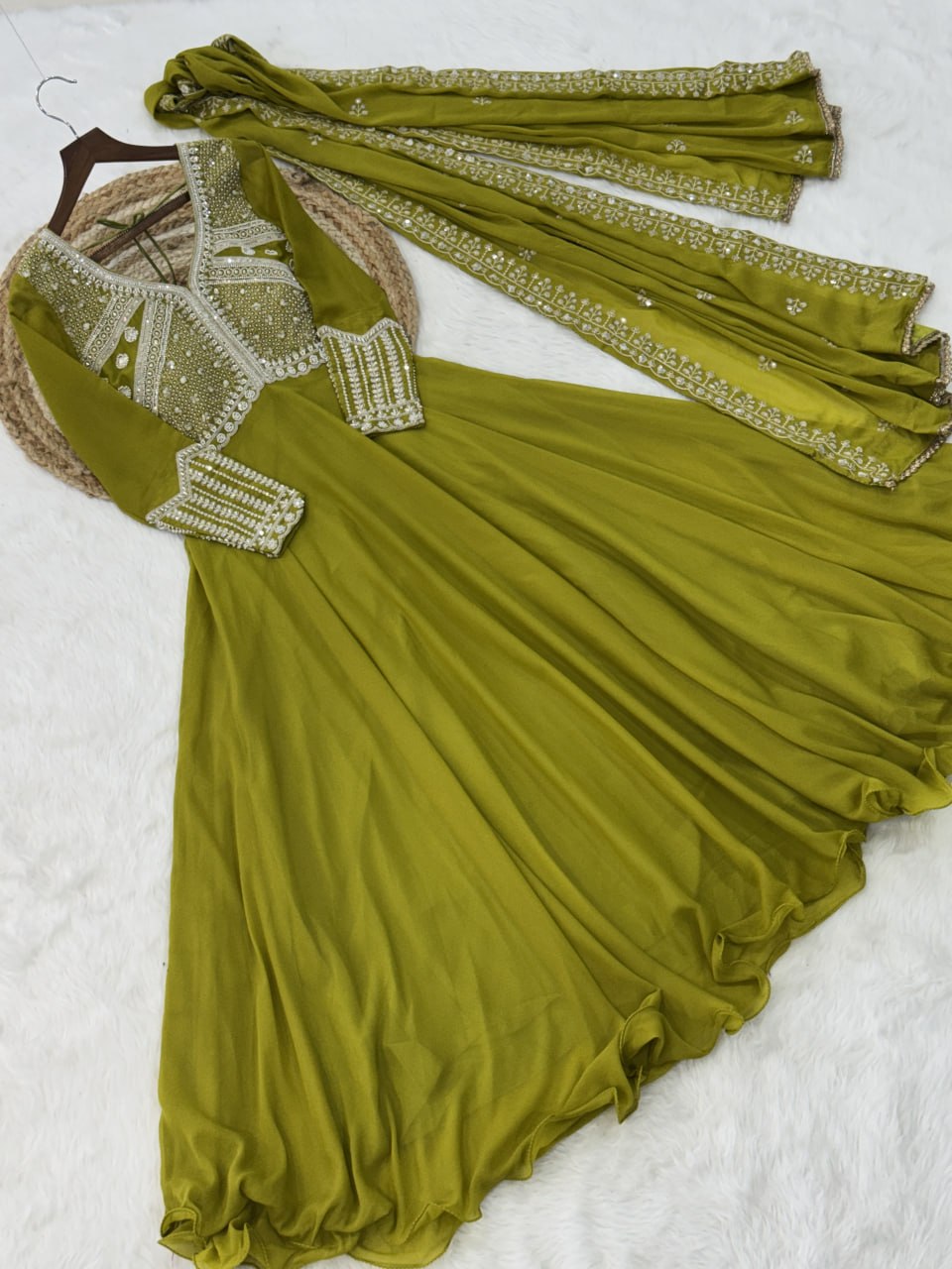 Fashionable Green Color Sequin Embroidered Desinger Gown With Dupatta