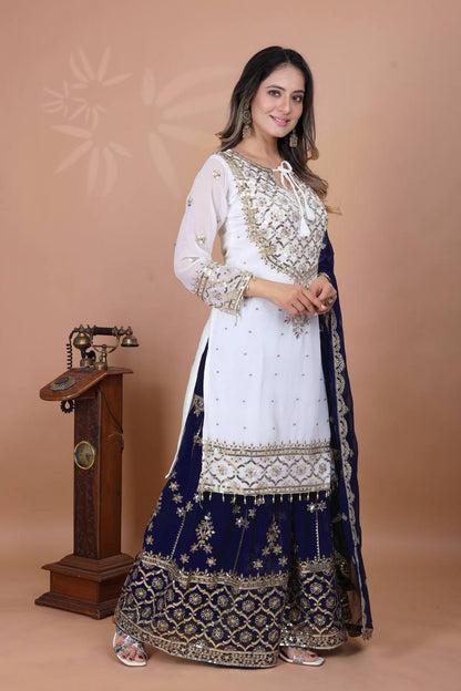 Festive Wear Navy Color Faux Georgette With Embroidery Sequence Work Sharara Suit