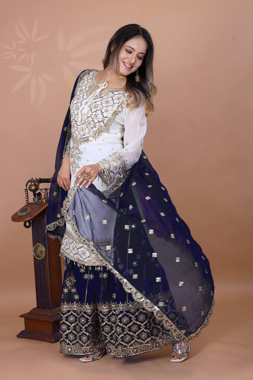 Festive Wear Navy Color Faux Georgette With Embroidery Sequence Work Sharara Suit