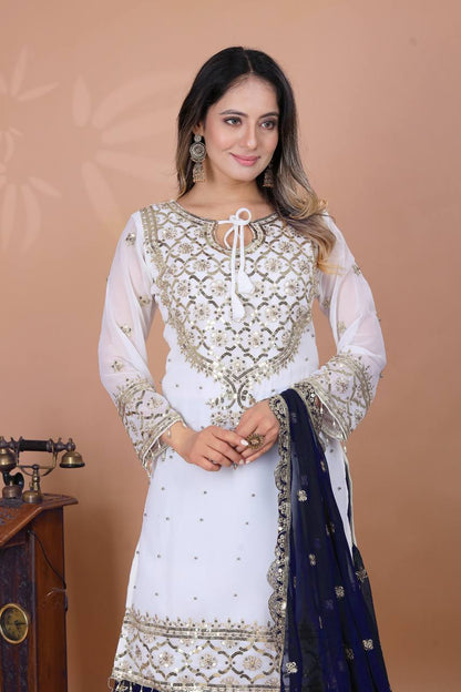 Festive Wear Navy Color Faux Georgette With Embroidery Sequence Work Sharara Suit