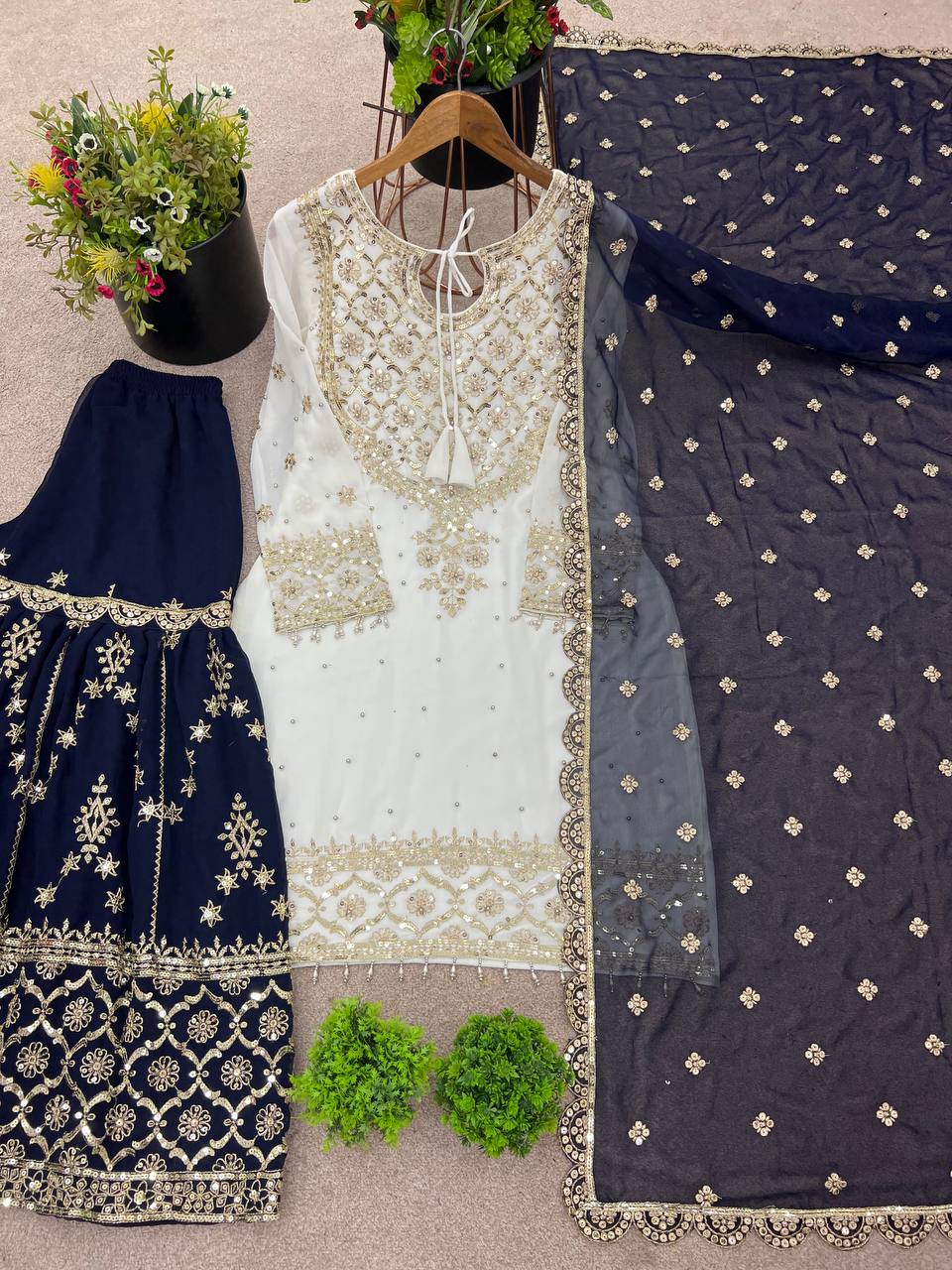 Festive Wear Navy Color Faux Georgette With Embroidery Sequence Work Sharara Suit