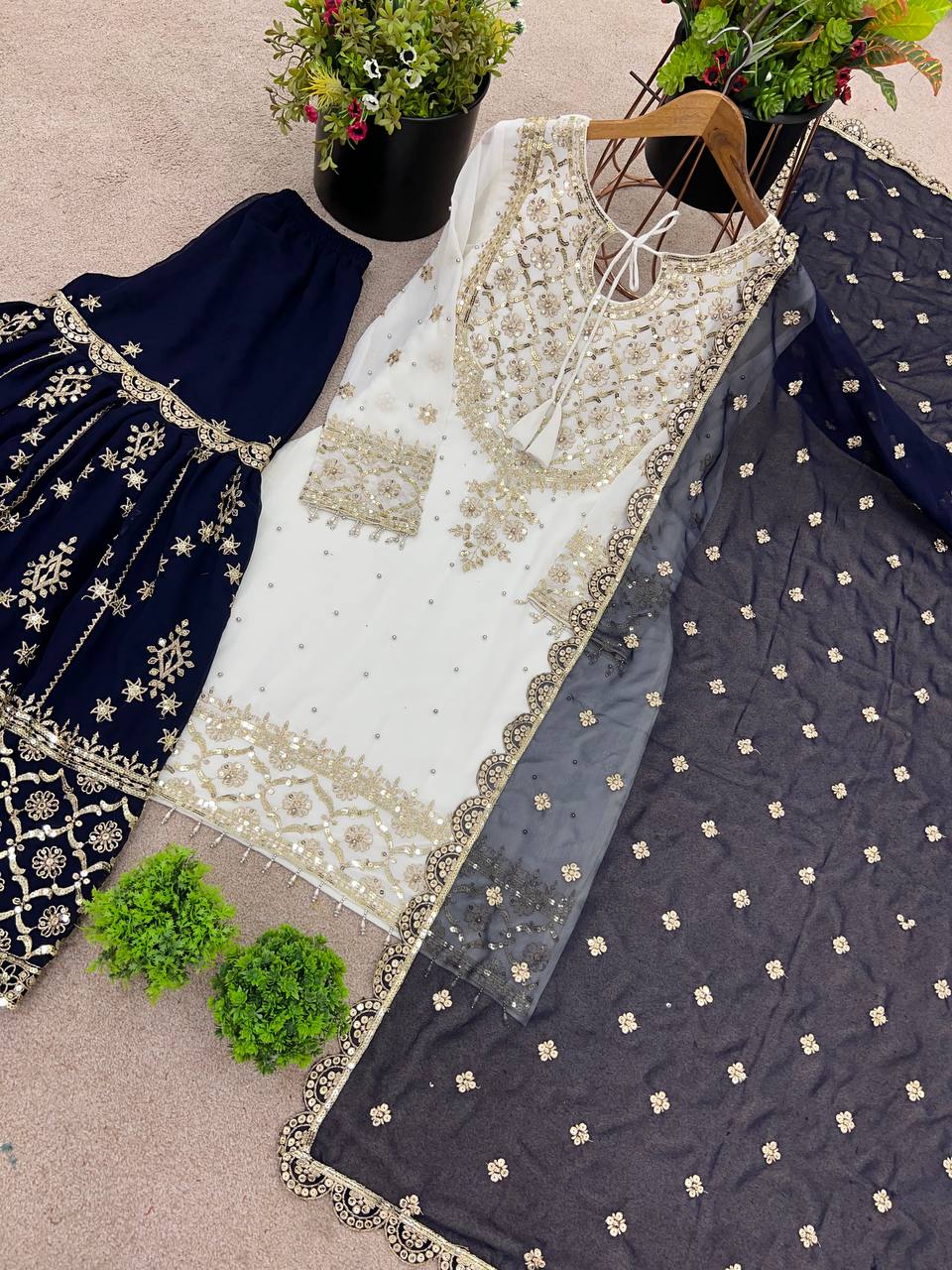 Festive Wear Navy Color Faux Georgette With Embroidery Sequence Work Sharara Suit