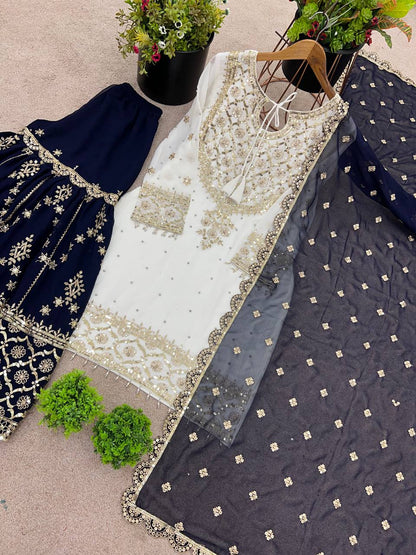 Festive Wear Navy Color Faux Georgette With Embroidery Sequence Work Sharara Suit