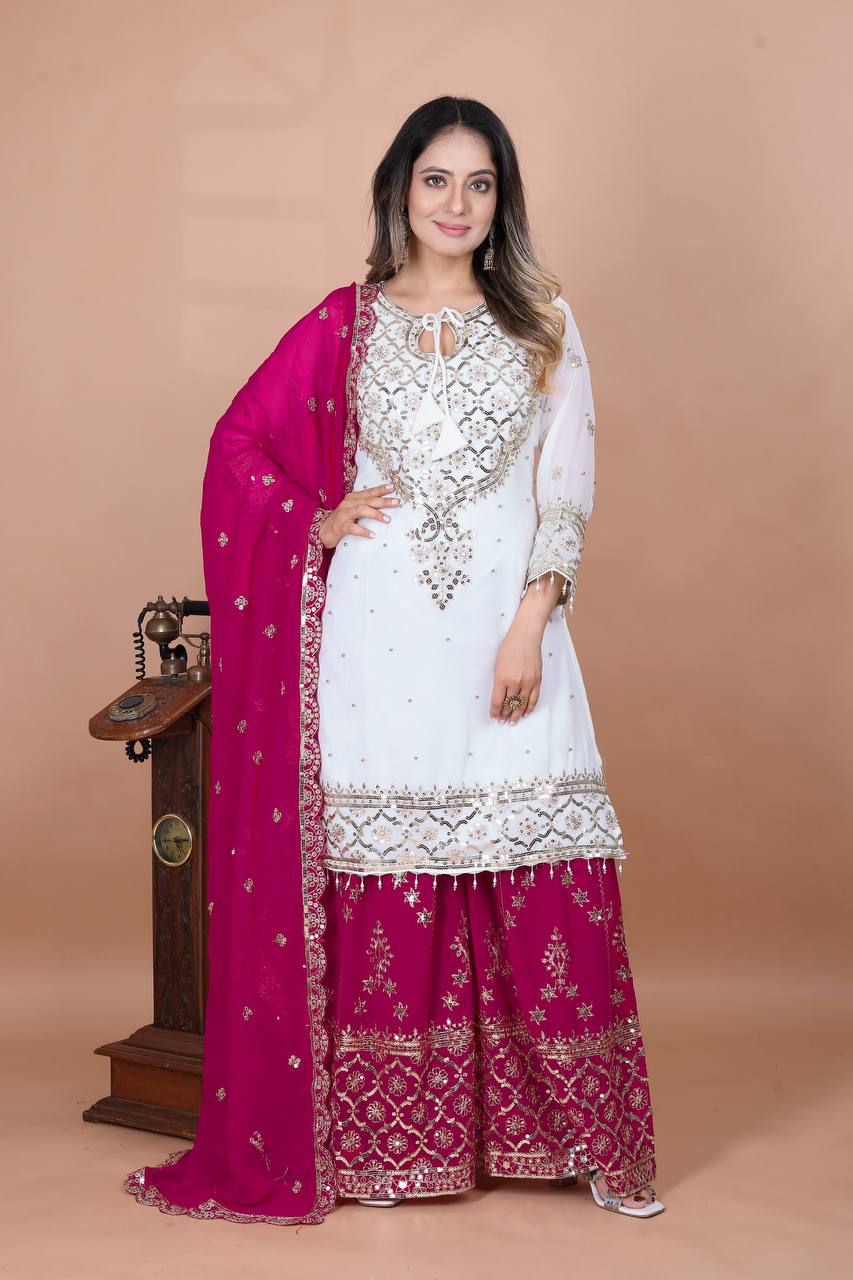 Festive Wear Pink Color Faux Georgette With Embroidery Sequence Work Sharara Suit
