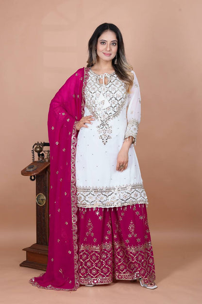 Festive Wear Pink Color Faux Georgette With Embroidery Sequence Work Sharara Suit