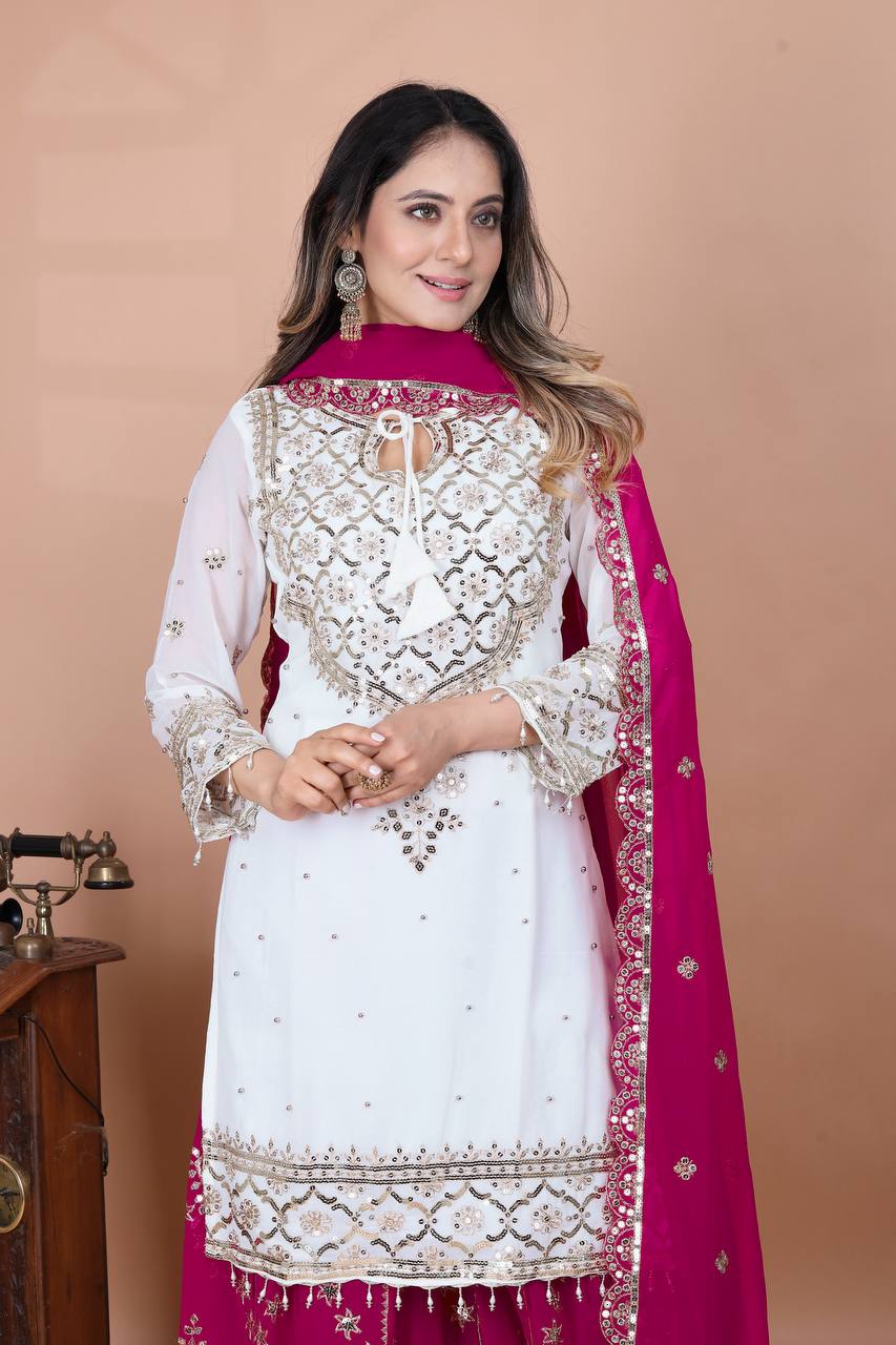 Festive Wear Pink Color Faux Georgette With Embroidery Sequence Work Sharara Suit