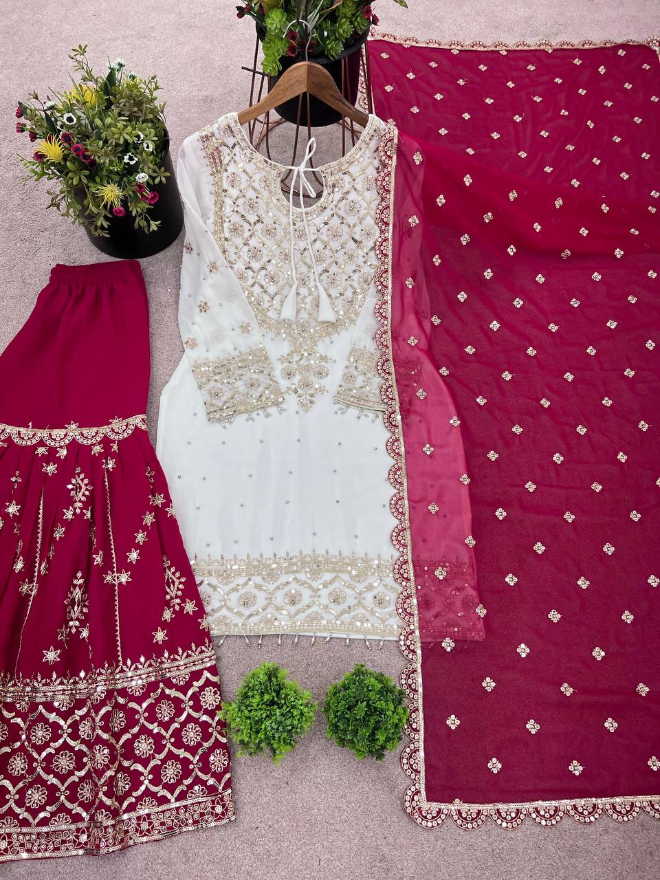 Festive Wear Pink Color Faux Georgette With Embroidery Sequence Work Sharara Suit