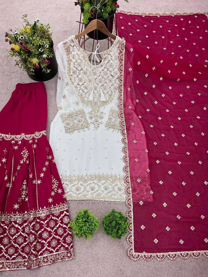 Festive Wear Pink Color Faux Georgette With Embroidery Sequence Work Sharara Suit