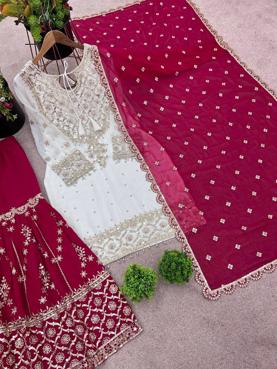 Festive Wear Pink Color Faux Georgette With Embroidery Sequence Work Sharara Suit