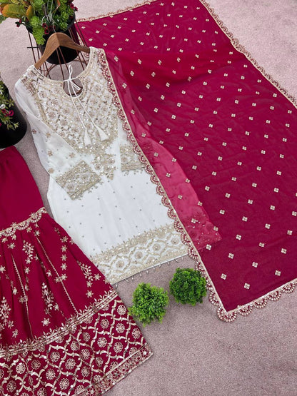 Festive Wear Pink Color Faux Georgette With Embroidery Sequence Work Sharara Suit