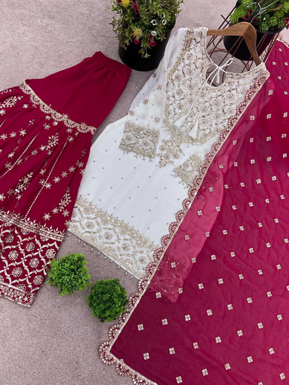 Festive Wear Pink Color Faux Georgette With Embroidery Sequence Work Sharara Suit