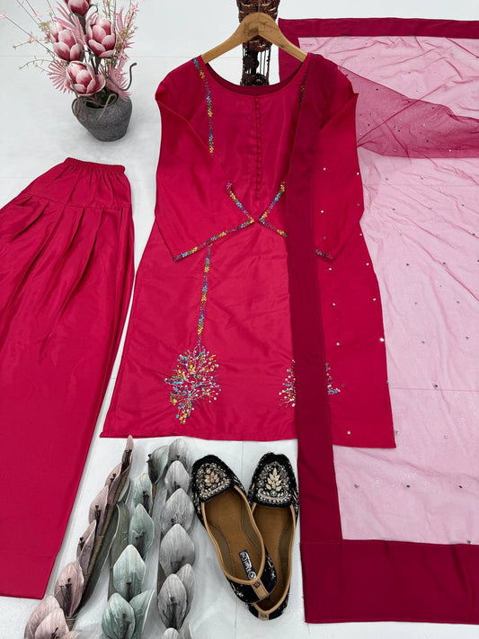 Gorgeous Red Color Heavy Natural Crepe Embroidered Top Palazzo With Dupatta Set
