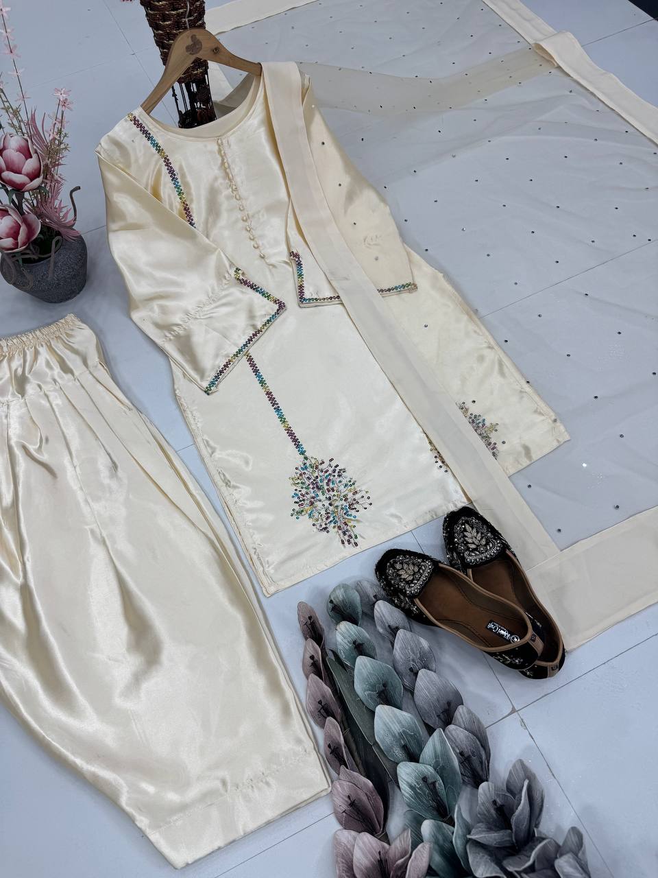 Gorgeous Off White Color Heavy Natural Crepe Embroidered Top Palazzo With Dupatta Set
