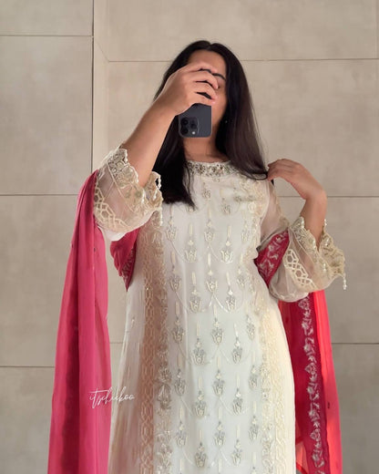 Party Wear Off White Color  Heavy Faux Georgette With Embroidery And Sequin Work Salwar Suit
