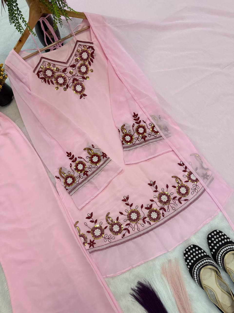 Caremony Wear Pink Color Sequence Embroidered Palazzo Suit
