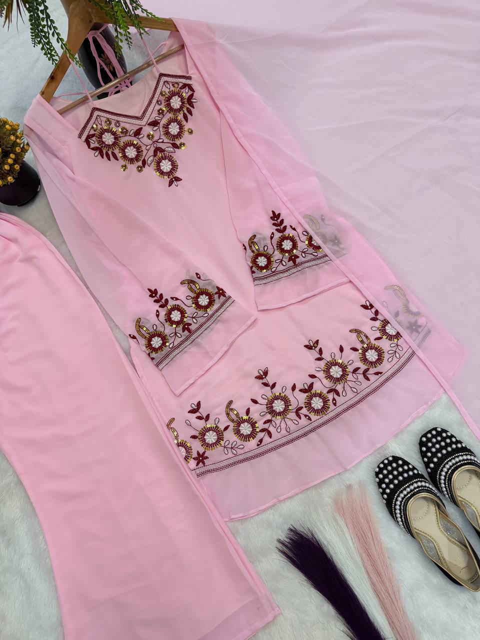 Caremony Wear Pink Color Sequence Embroidered Palazzo Suit