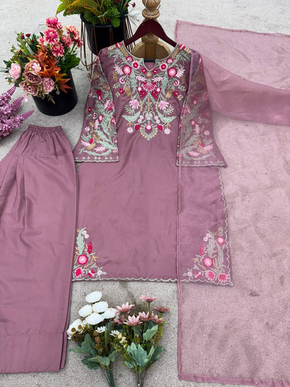 Wedding Wear Lavender Color Natural Crepe Silk Delicate Embroidery And Sequin Work Palazzo Suit