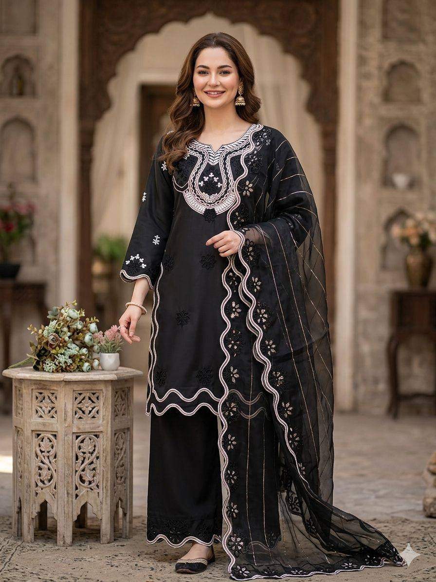 Fancy Black Color Embroidered Pakistani Suit With Dupatta