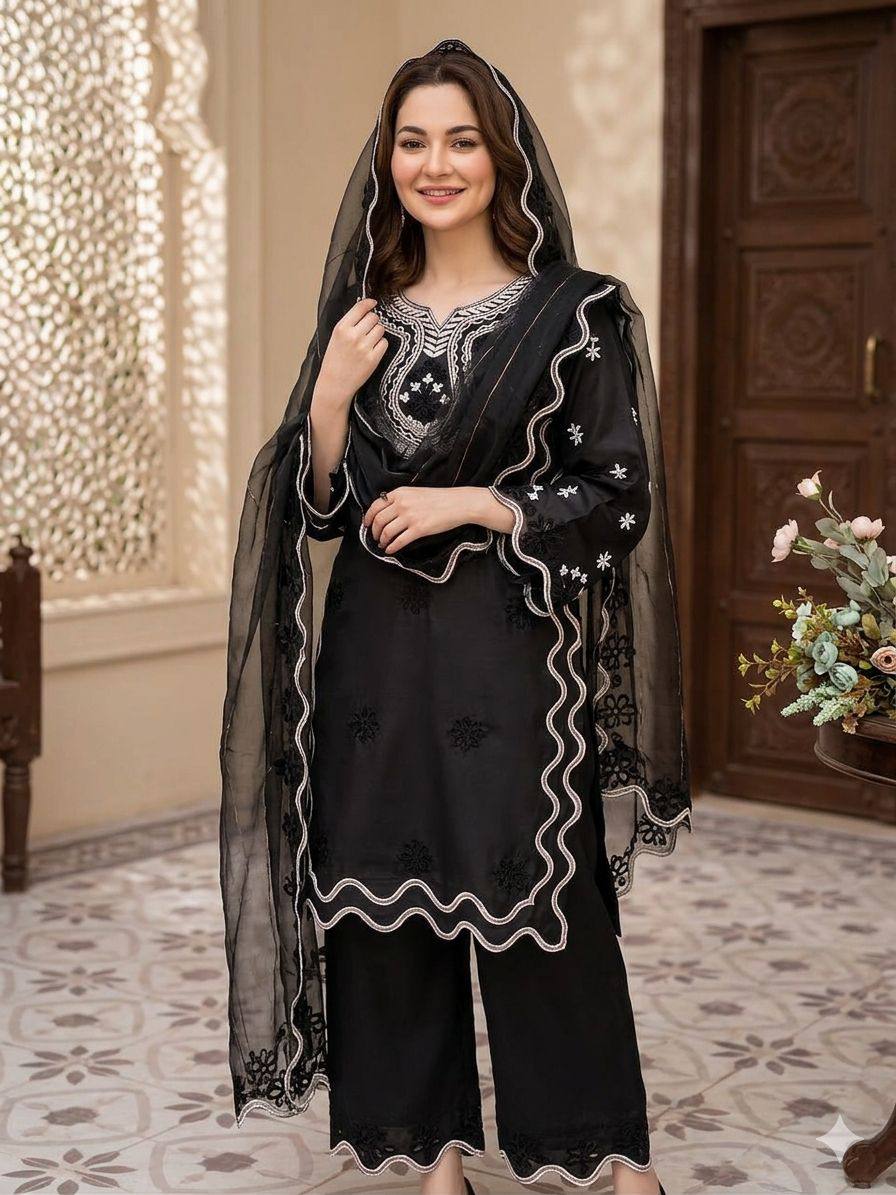 Fancy Black Color Embroidered Pakistani Suit With Dupatta