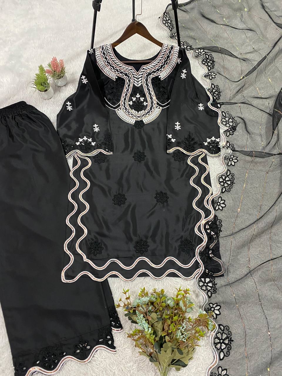 Fancy Black Color Embroidered Pakistani Suit With Dupatta