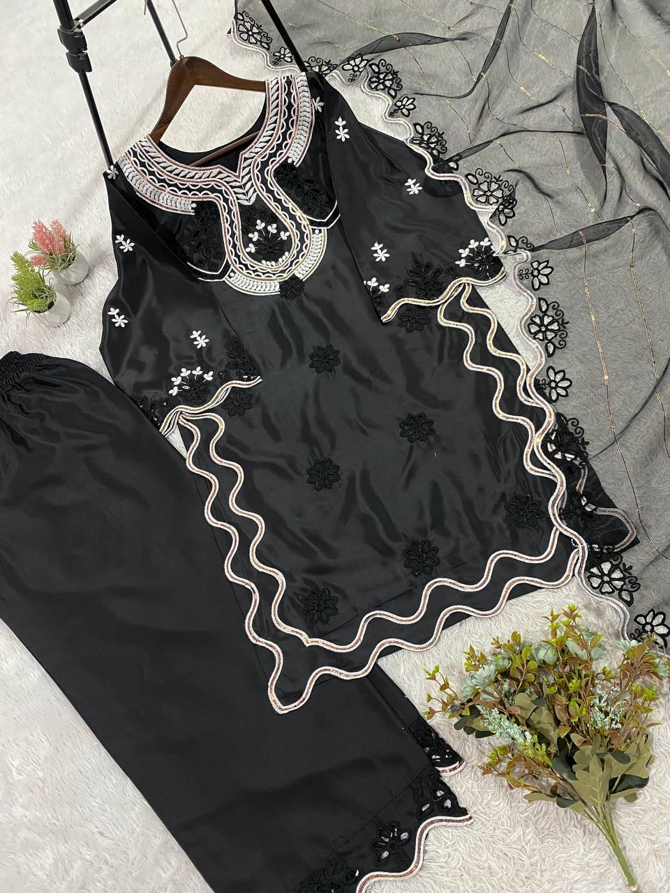 Fancy Black Color Embroidered Pakistani Suit With Dupatta