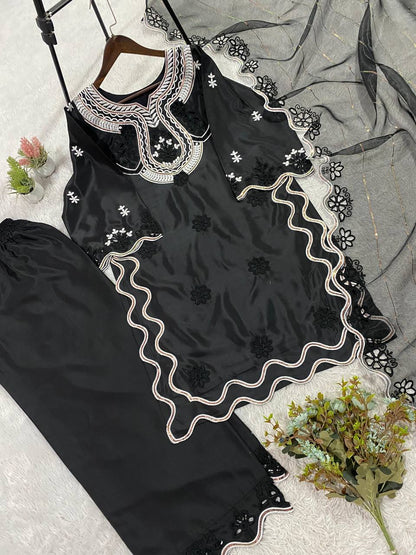 Fancy Black Color Embroidered Pakistani Suit With Dupatta