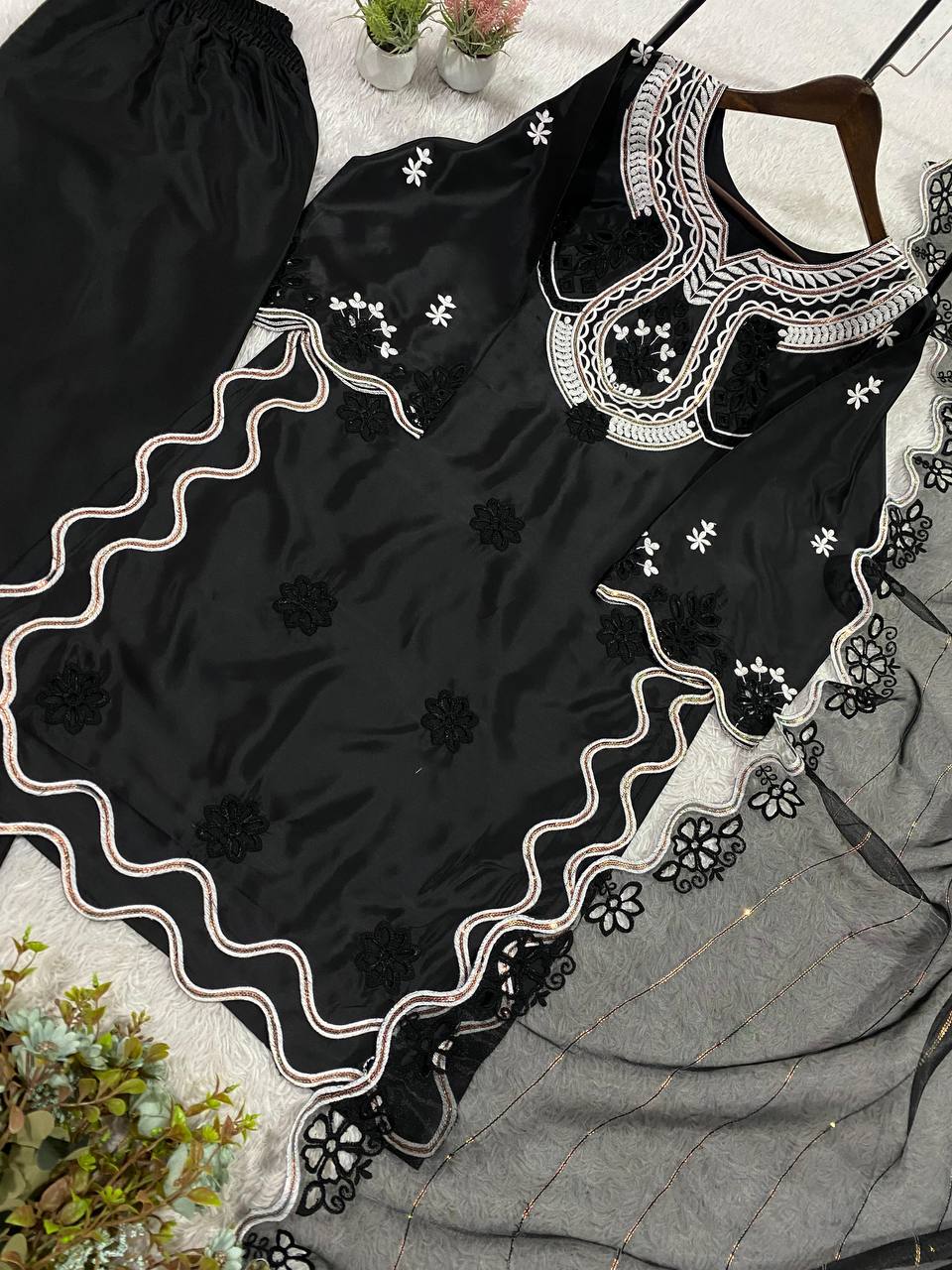 Fancy Black Color Embroidered Pakistani Suit With Dupatta