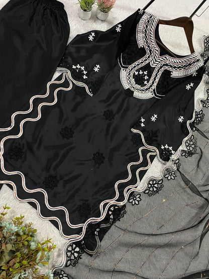 Fancy Black Color Embroidered Pakistani Suit With Dupatta