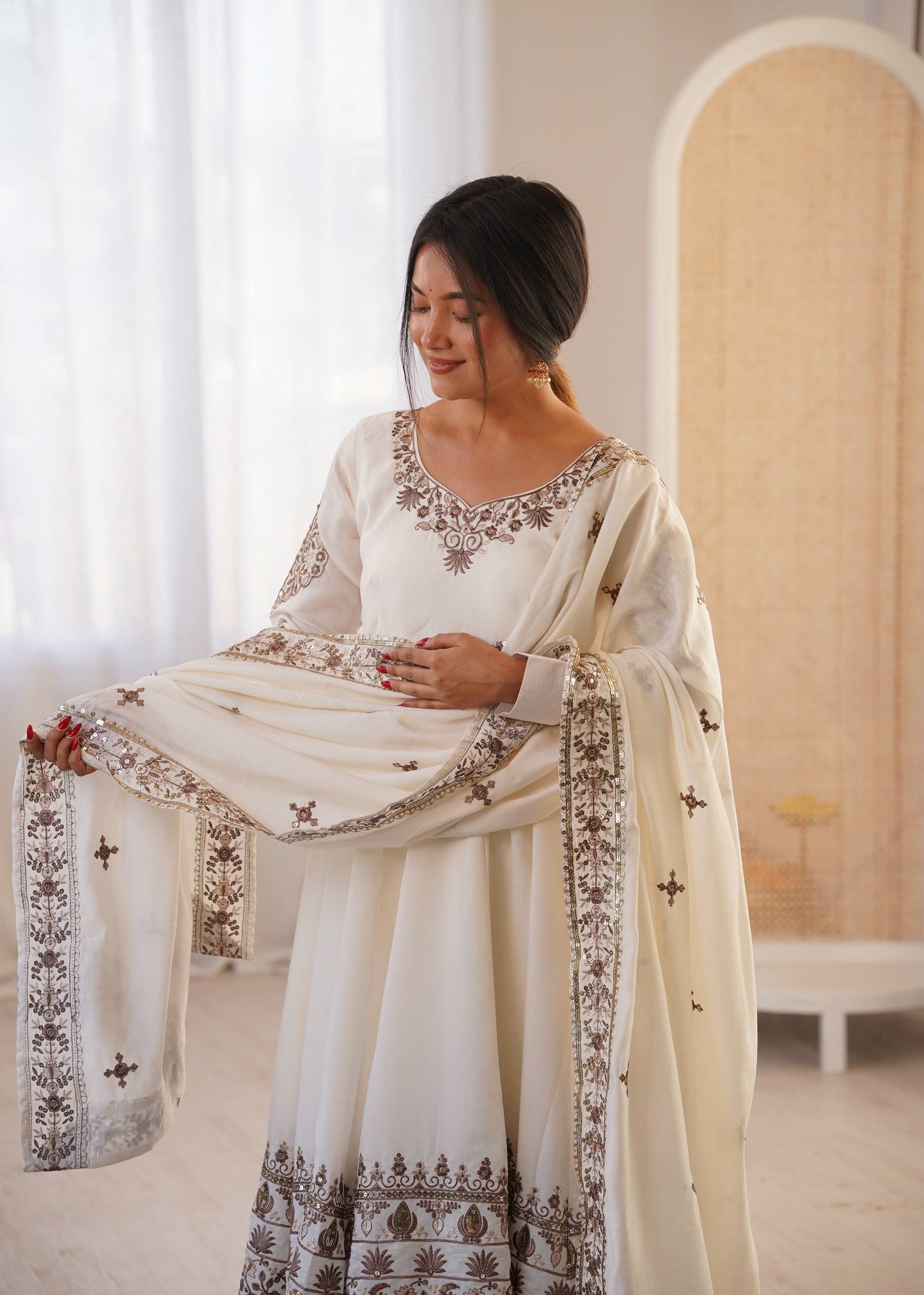 Arti Chauhan Wear White Color Sequence Embroidered Anarkali Suit With Dupatta
