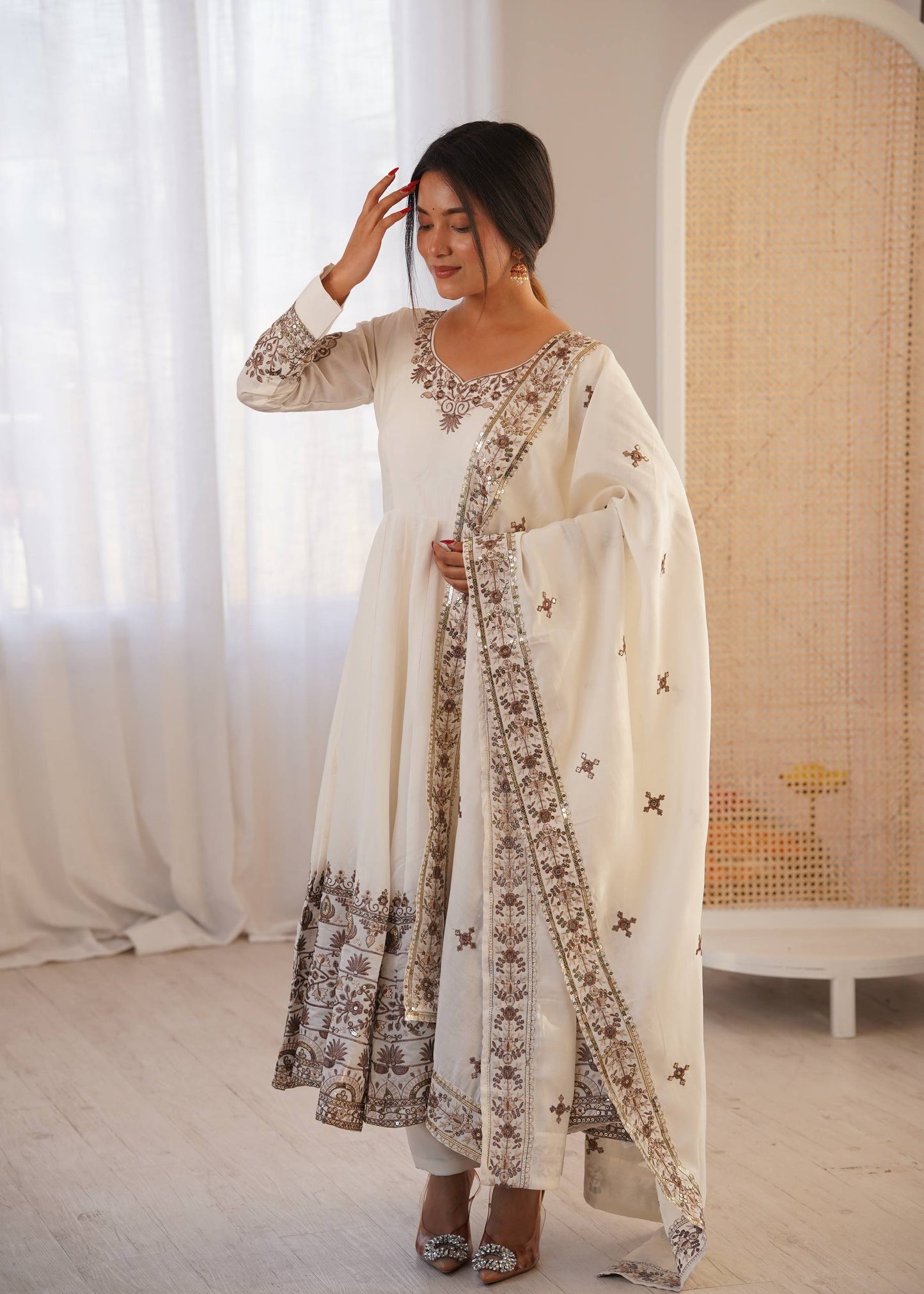 Arti Chauhan Wear White Color Sequence Embroidered Anarkali Suit With Dupatta