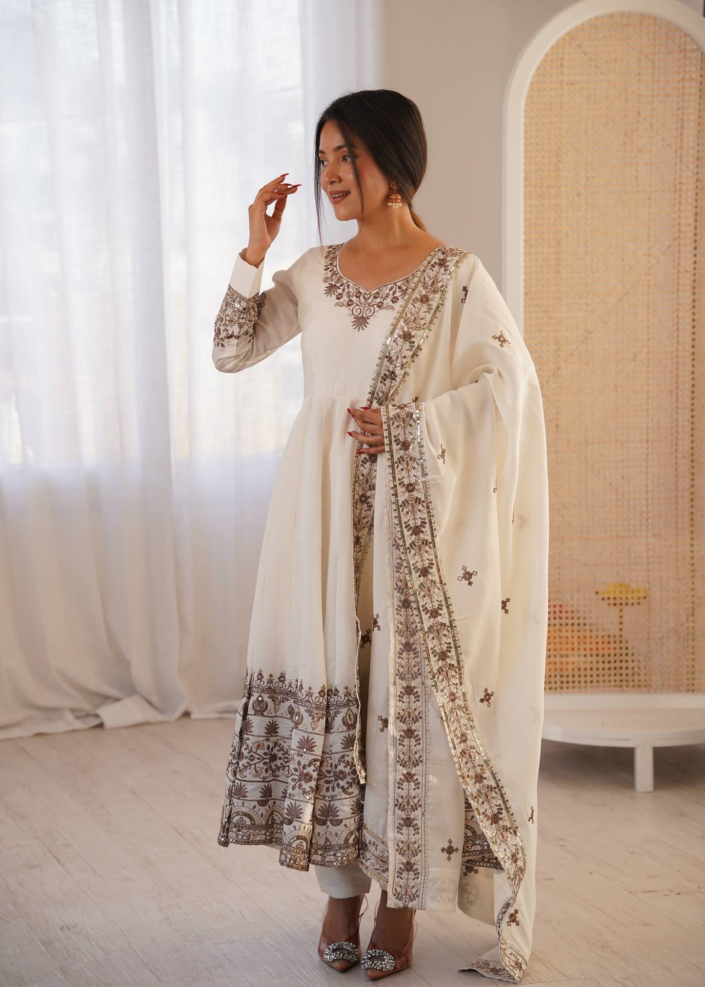 Arti Chauhan Wear White Color Sequence Embroidered Anarkali Suit With Dupatta