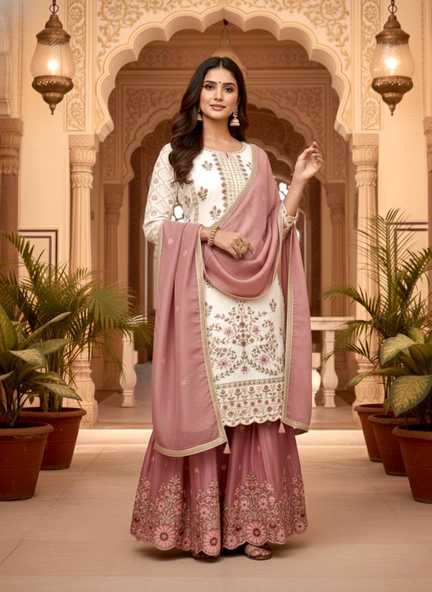Designer Peach Color Silk Embroidered Wedding Wear Palazzo Suit Set
