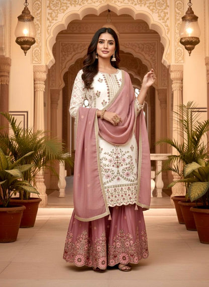 Designer Peach Color Silk Embroidered Wedding Wear Palazzo Suit Set