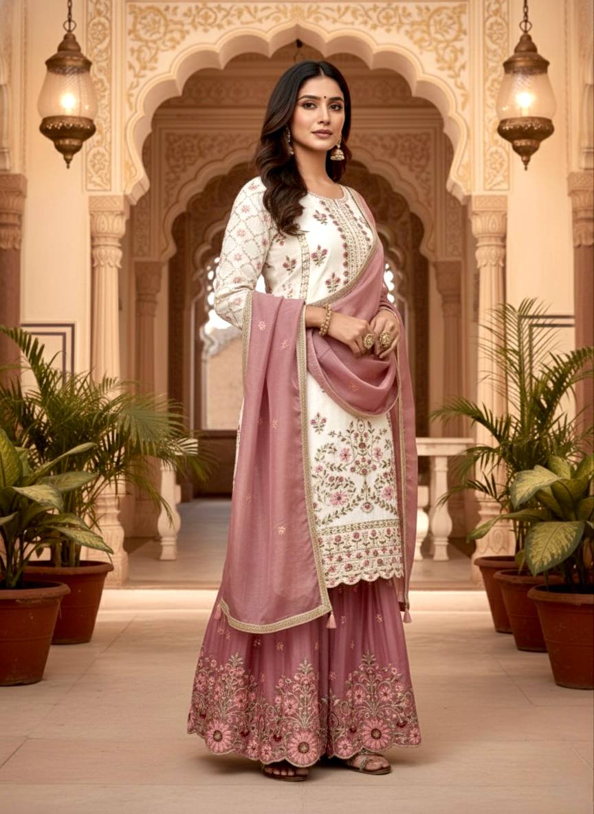 Designer Peach Color Silk Embroidered Wedding Wear Palazzo Suit Set