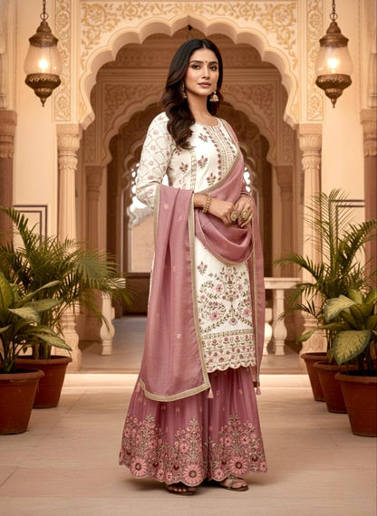 Designer Peach Color Silk Embroidered Wedding Wear Palazzo Suit Set